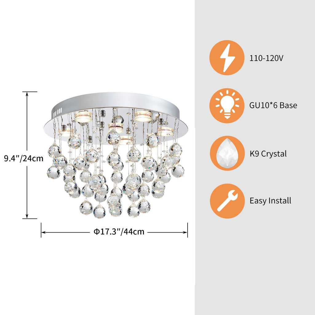 K9 Crystal 6-Light Flush Mount Raindrop Chandelier for Decor