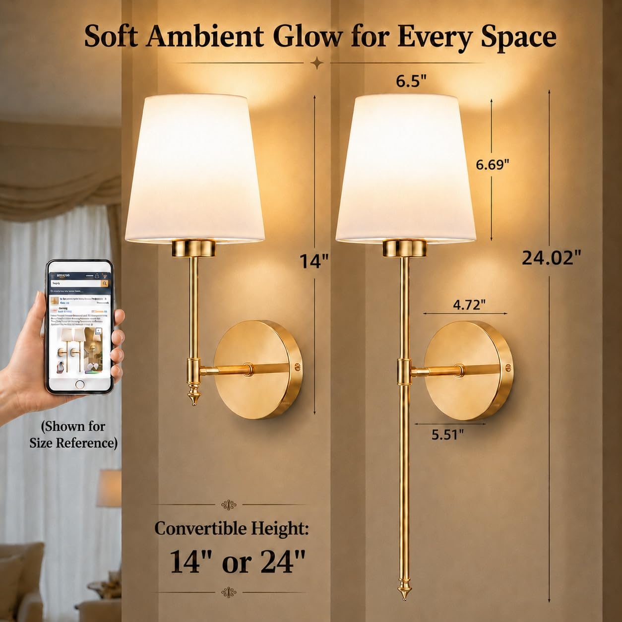 Gold Fabric Shade Wall Sconce Duo, Rechargeable with Remote for Decor