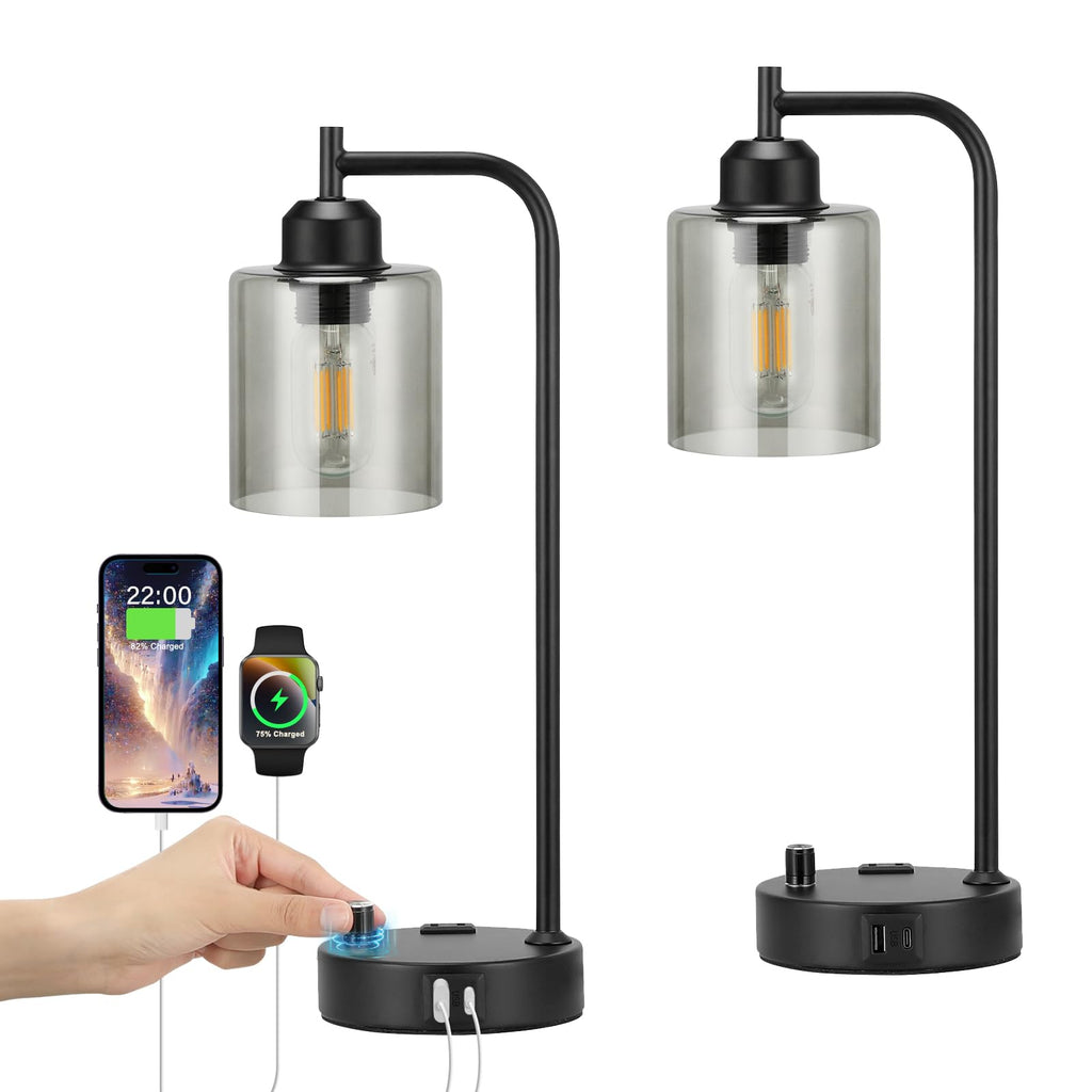 Industrial desk lamp set of 2 with USB ports and glass shade