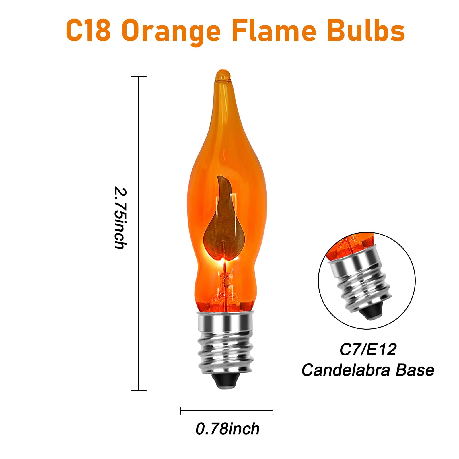 12-Pack Flicker Flame Light Bulbs C18 E12 Candelabra Base – 1W Orange Halloween Bulbs for Window Candles & String Lights