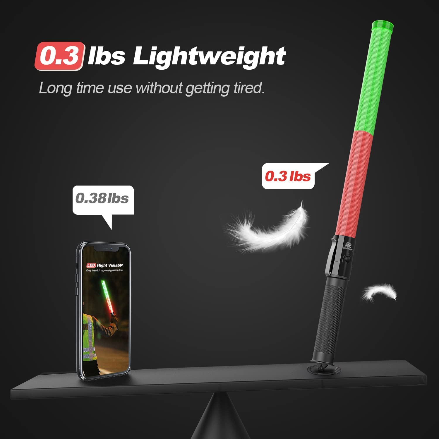 2-Pack LED Traffic Wands 21 Inch – Red & Green, 3 Flashing Modes, Safety Baton with Side Clip for Airport & Parking Control