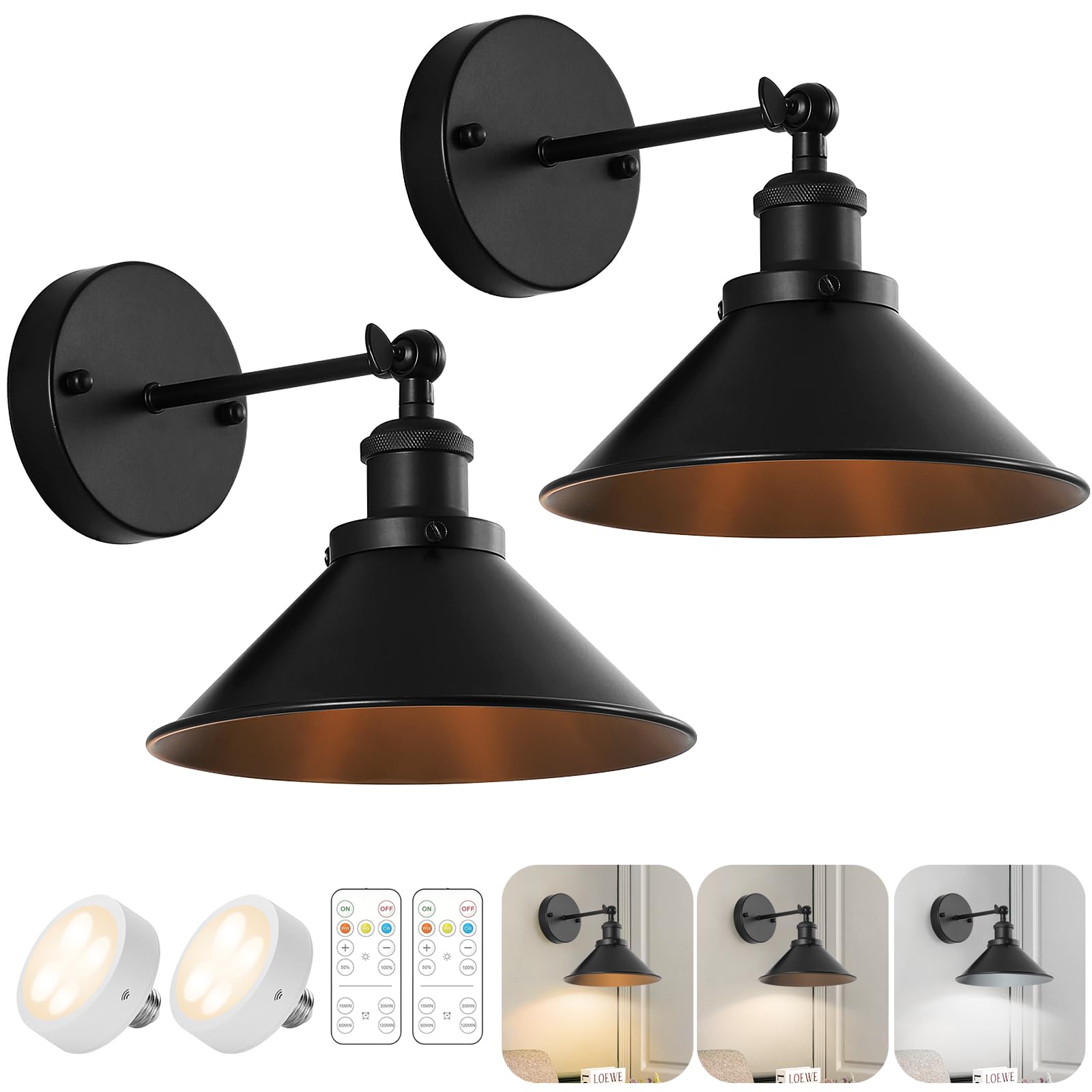 Industrial wireless LED wall sconce set of 2 for farmhouse decor
