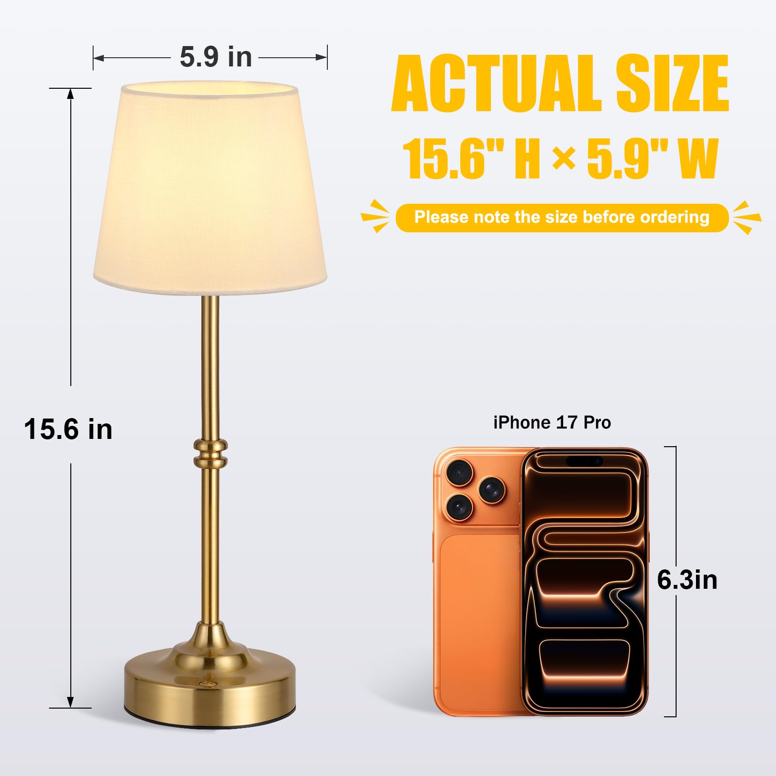 Rechargeable cordless brass table lamp with touch dimming and warm light