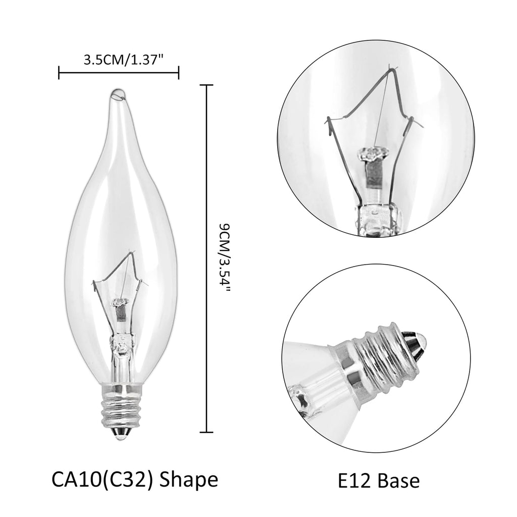 12-Pack E12 Candelabra Bulbs 40W 120V – Clear Incandescent, Dimmable, B10 Candle Shape for Chandeliers & Ceiling Fans