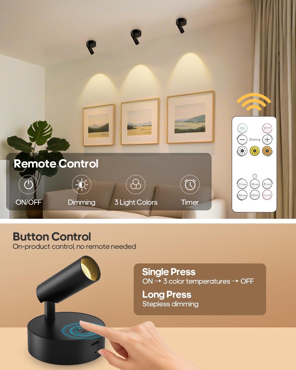 1-Pack LED Spotlight Indoor with Remote – 3000mAh Rechargeable, 3 Color Temps, Dimmable, Wireless for Plant & Artwork Lighting