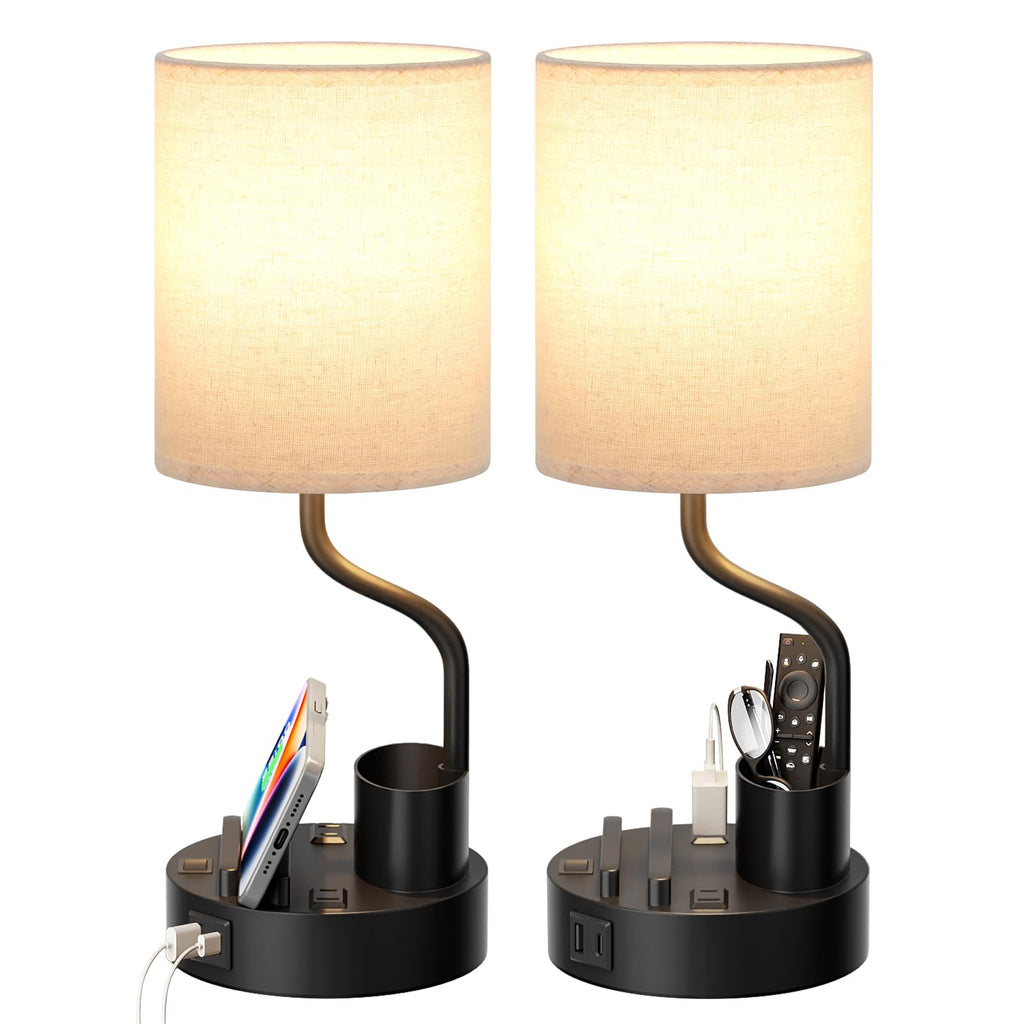 Bedside table lamp set with AC outlet and USB charging ports
