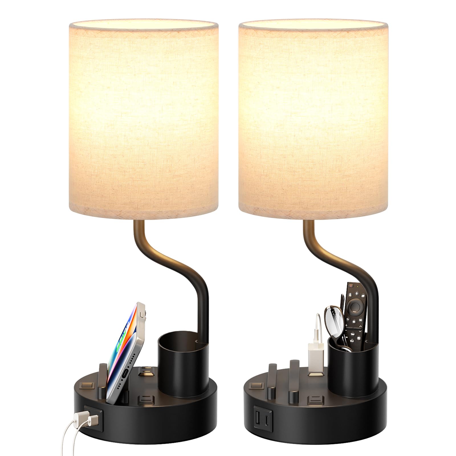 Bedside table lamp set with AC outlet and USB charging ports