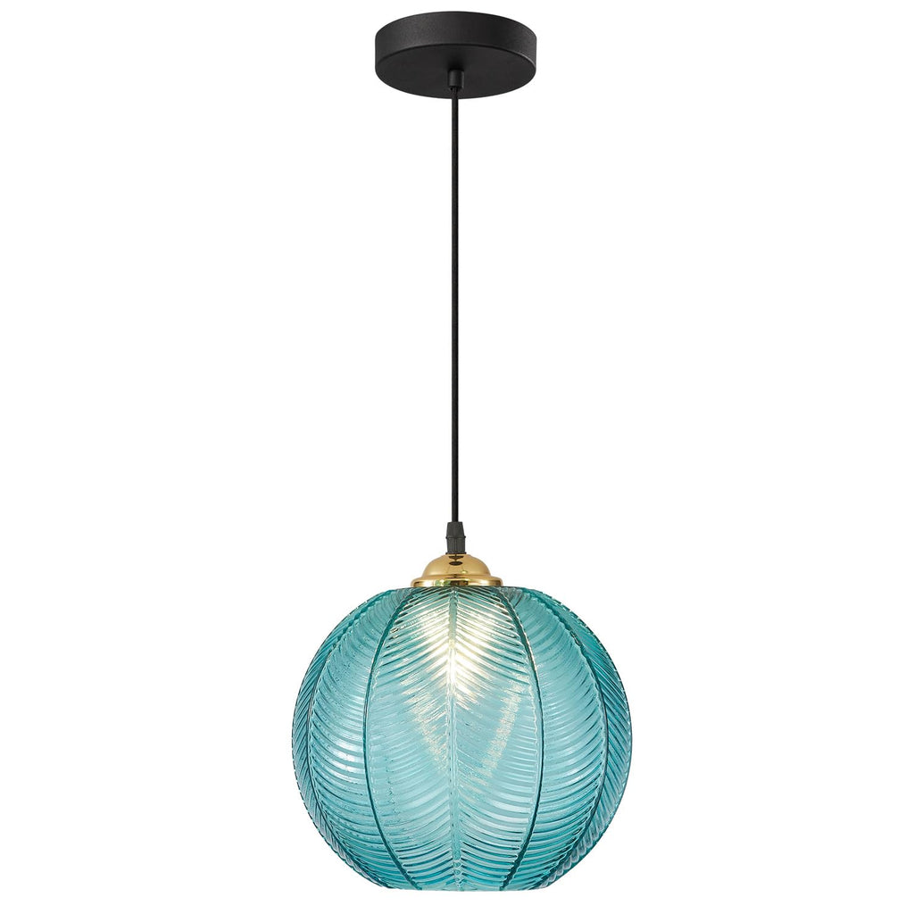 Blue Glass Globe Pendant Light, Black Round Fixture for Kitchen Decor
