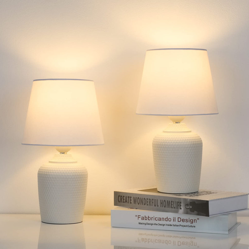 Set of 2 small table lamps with textured base for bedside decor