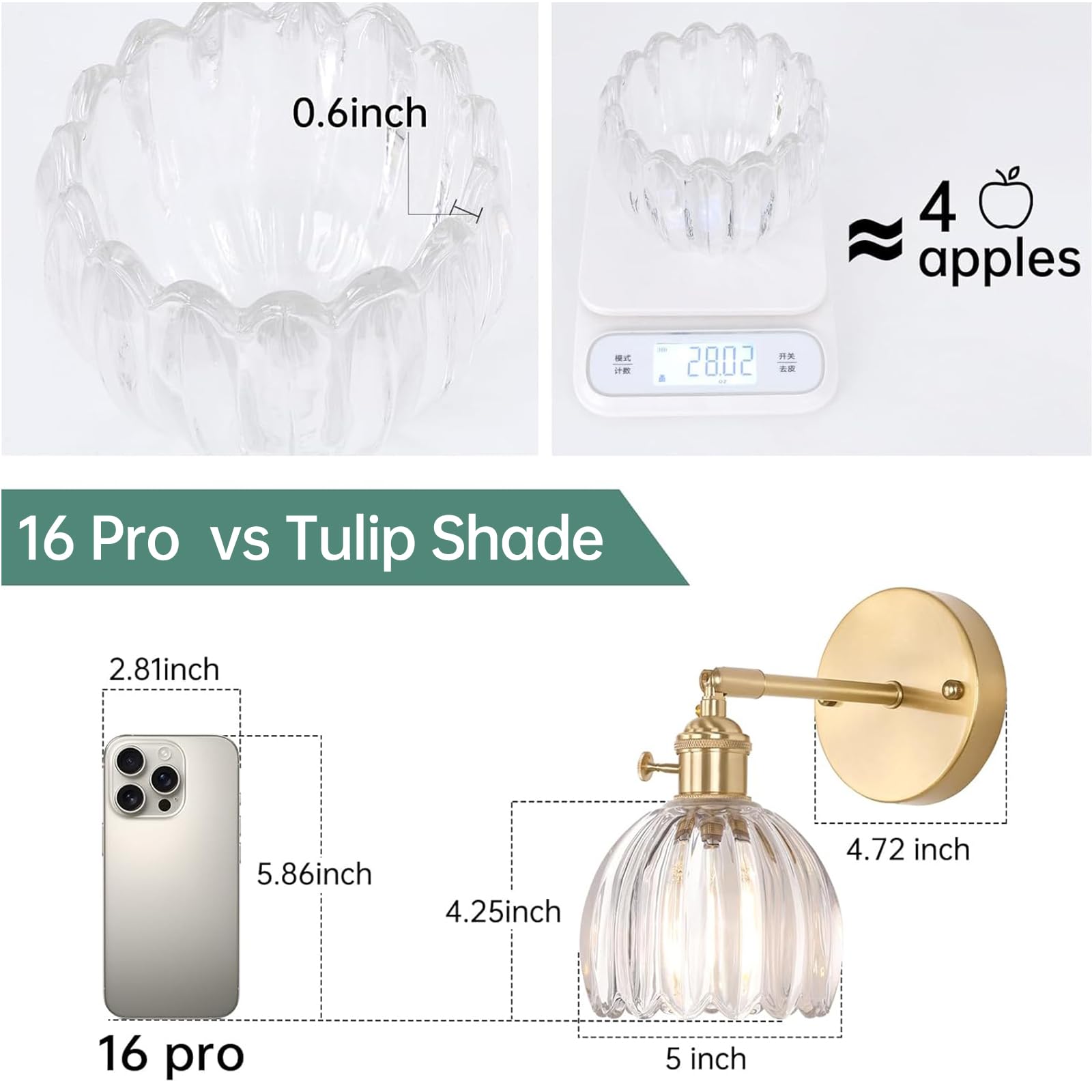Adjustable brass wall sconce with tulip glass shade for home decor
