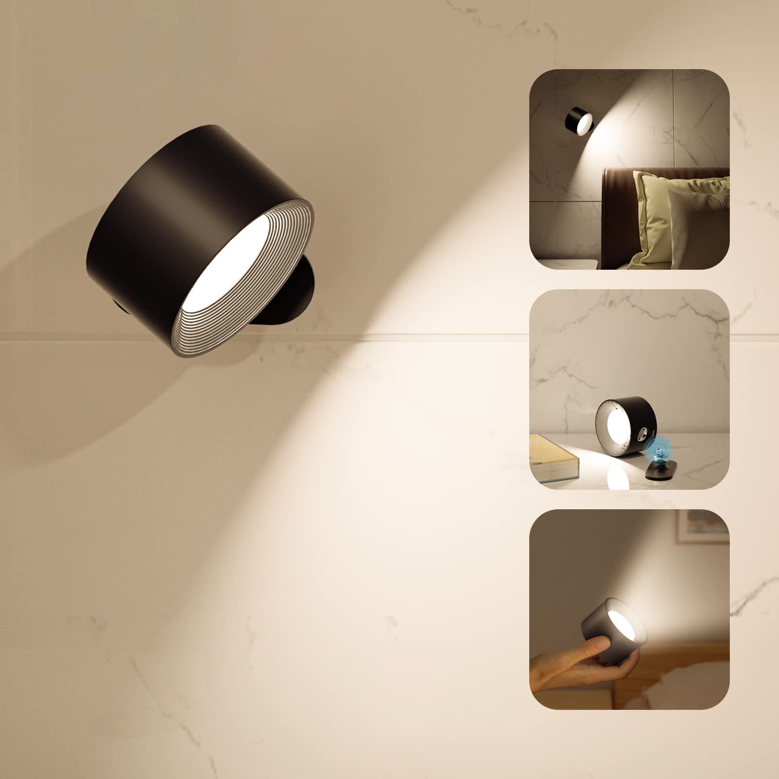 Rechargeable LED wall sconce with USB port, 3 color temps for home decor