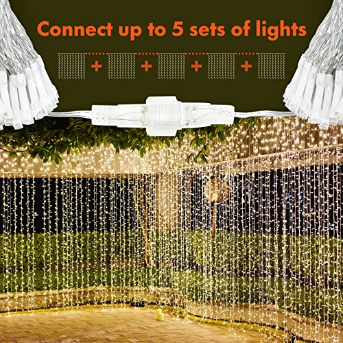 300-LED curtain string light with 8 modes, plug-in, warm white