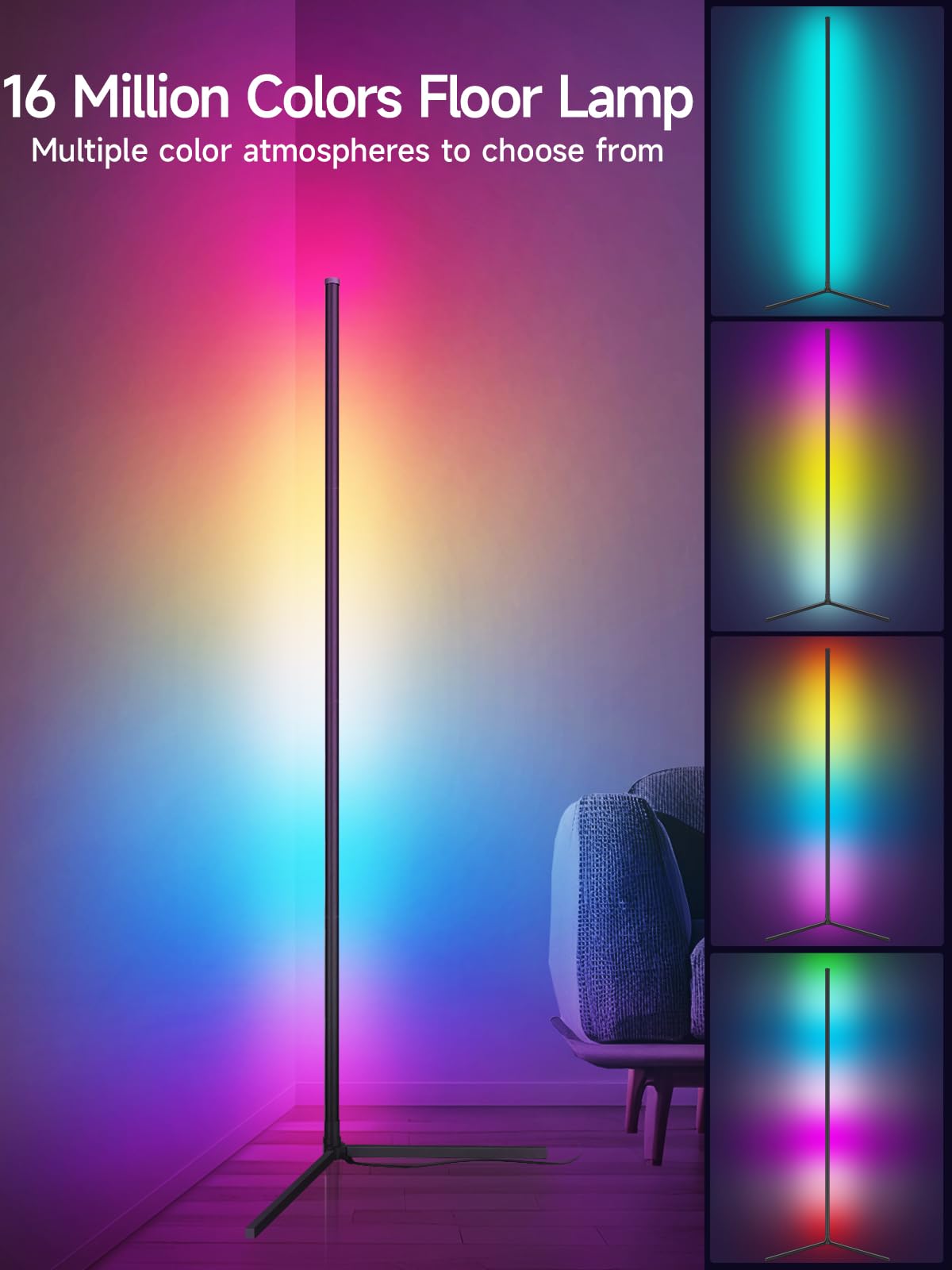 RGB Corner Floor Lamp with Music Sync, App & Remote Control, 16 Million Colors