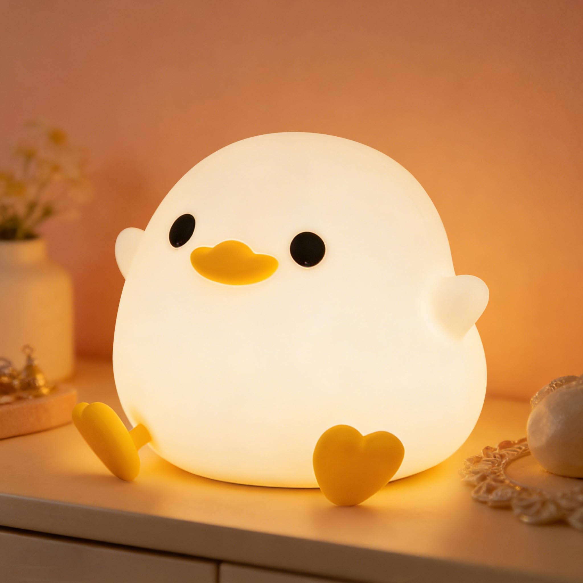 Squishy silicone duck night light, dimmable rechargeable touch lamp with timer