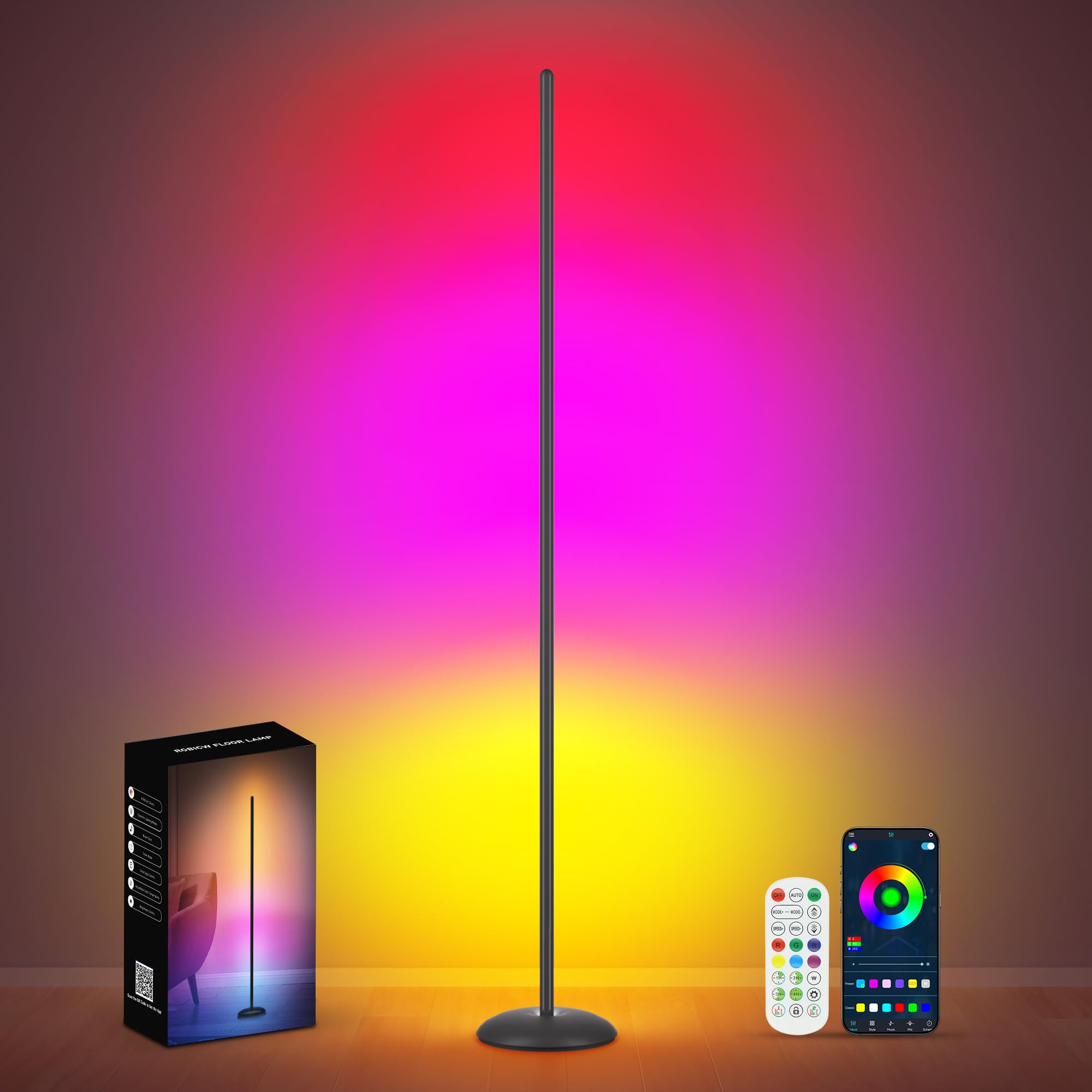 Smart RGB corner floor lamp with 16 million colors, music sync and scene modes