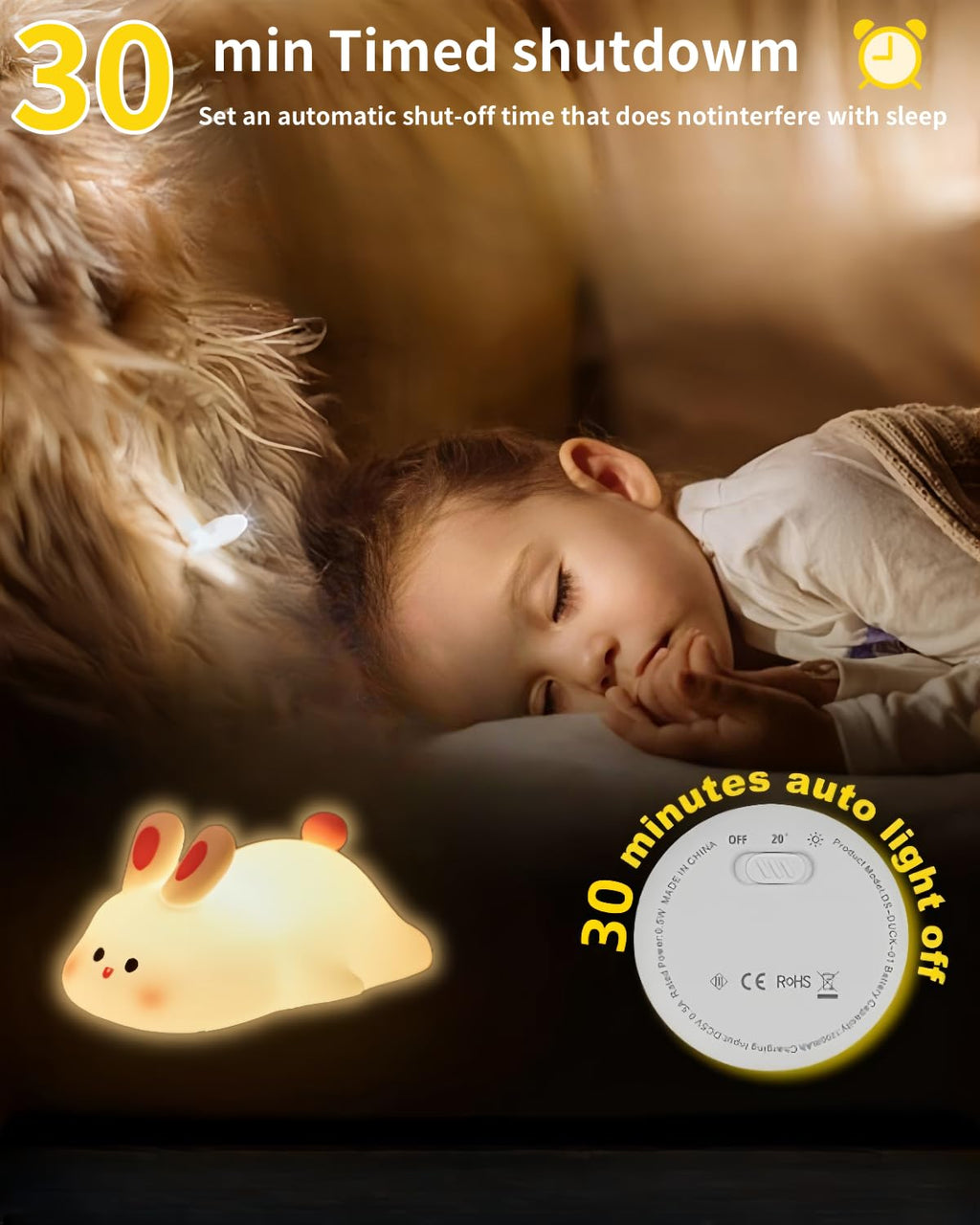 Squishy bunny night light for kids with touch control