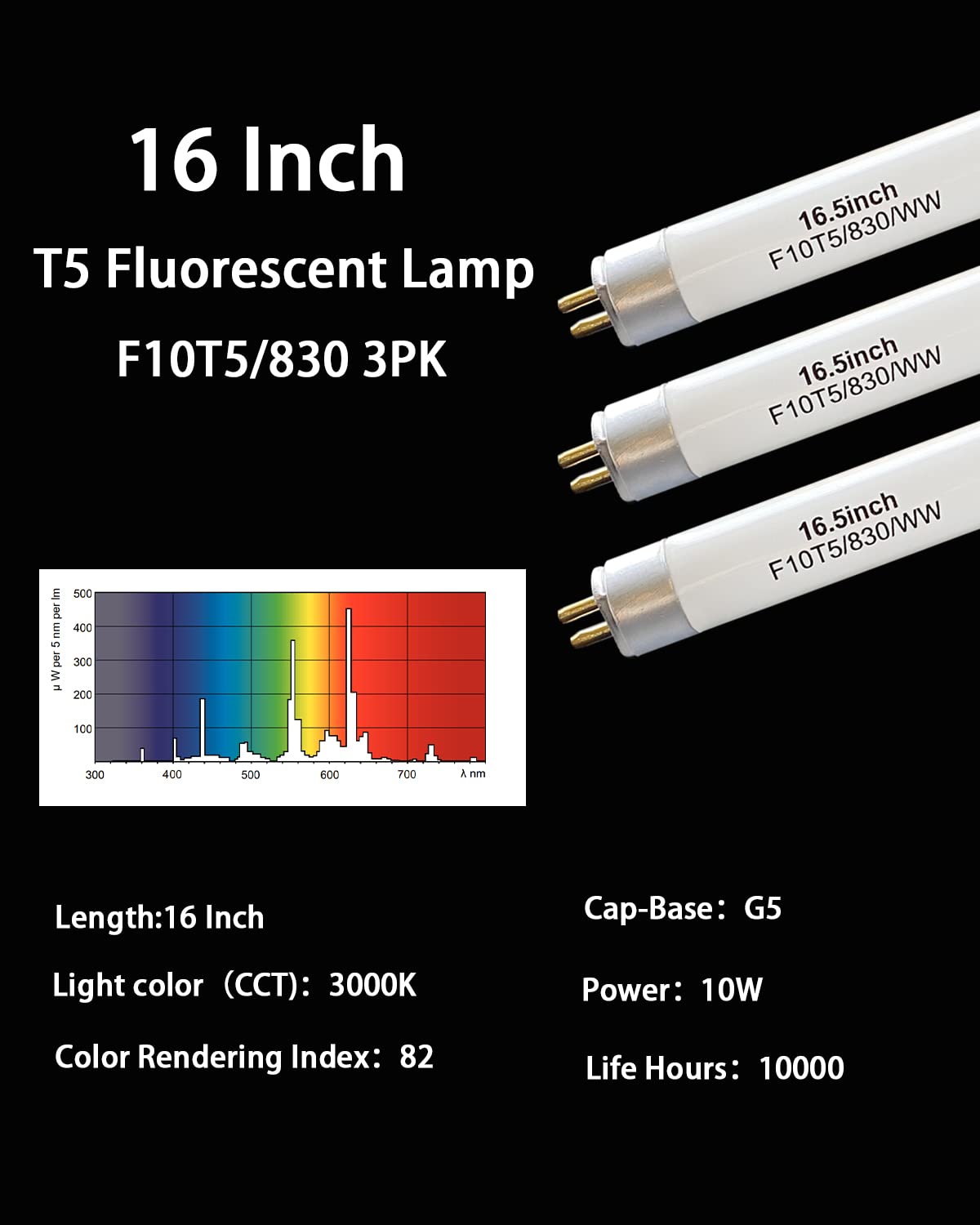 3-Pack F10T5 Fluorescent Light Bulbs 16" – 10W, 3000K Warm White, G5 Bipin Base for Jasco & Philips Linear Fixtures