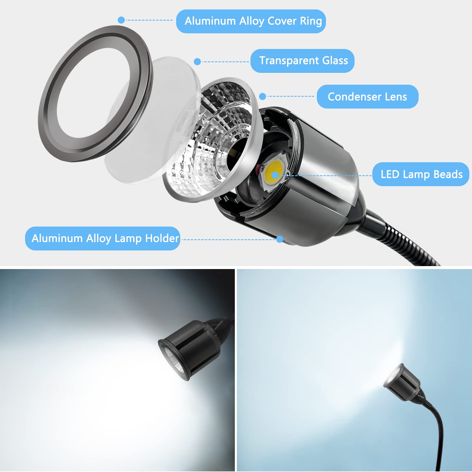 Deeffe Magnetic LED Work Light – 750LM, 7W, Flexible Gooseneck, 16" Reach, Aluminum Base for Workshop & Machine Tasks