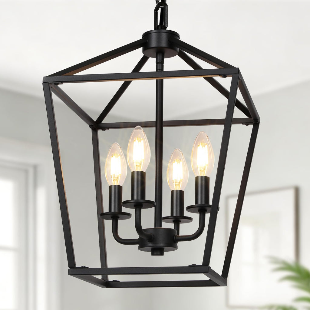 Black 4-Light Cage Lantern Chandelier, Farmhouse Decor for Entryway