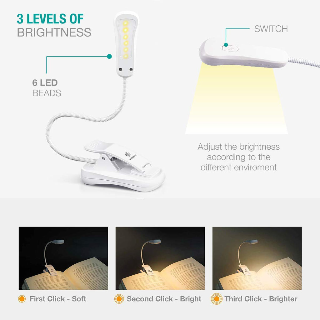 Vekkia Rechargeable Book Light LED – 3000K Warm Light, Eye-Safe, Lightweight Clip-On Design for Reading in Bed & Travel