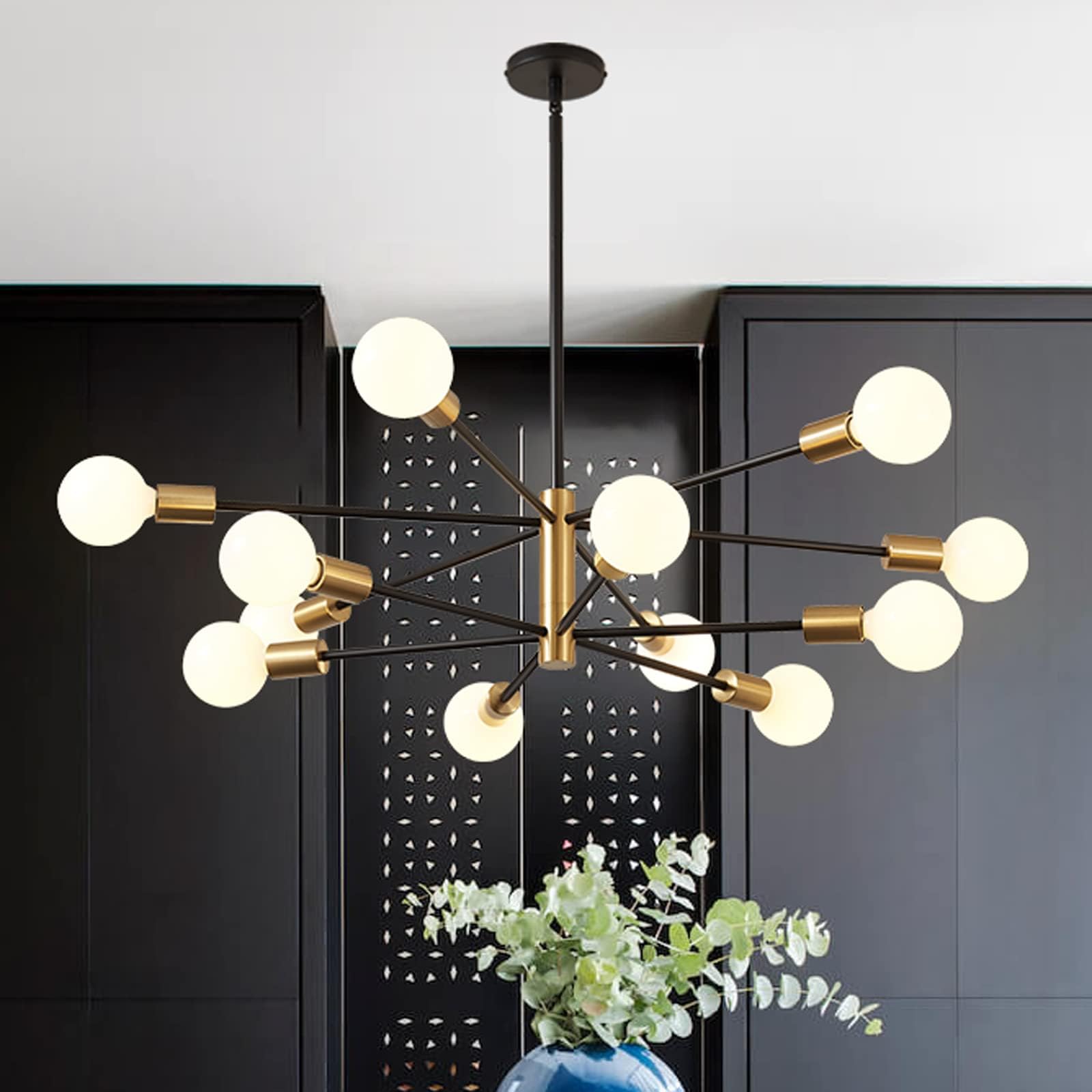 Gold and black 12-light sputnik chandelier for dining room decor