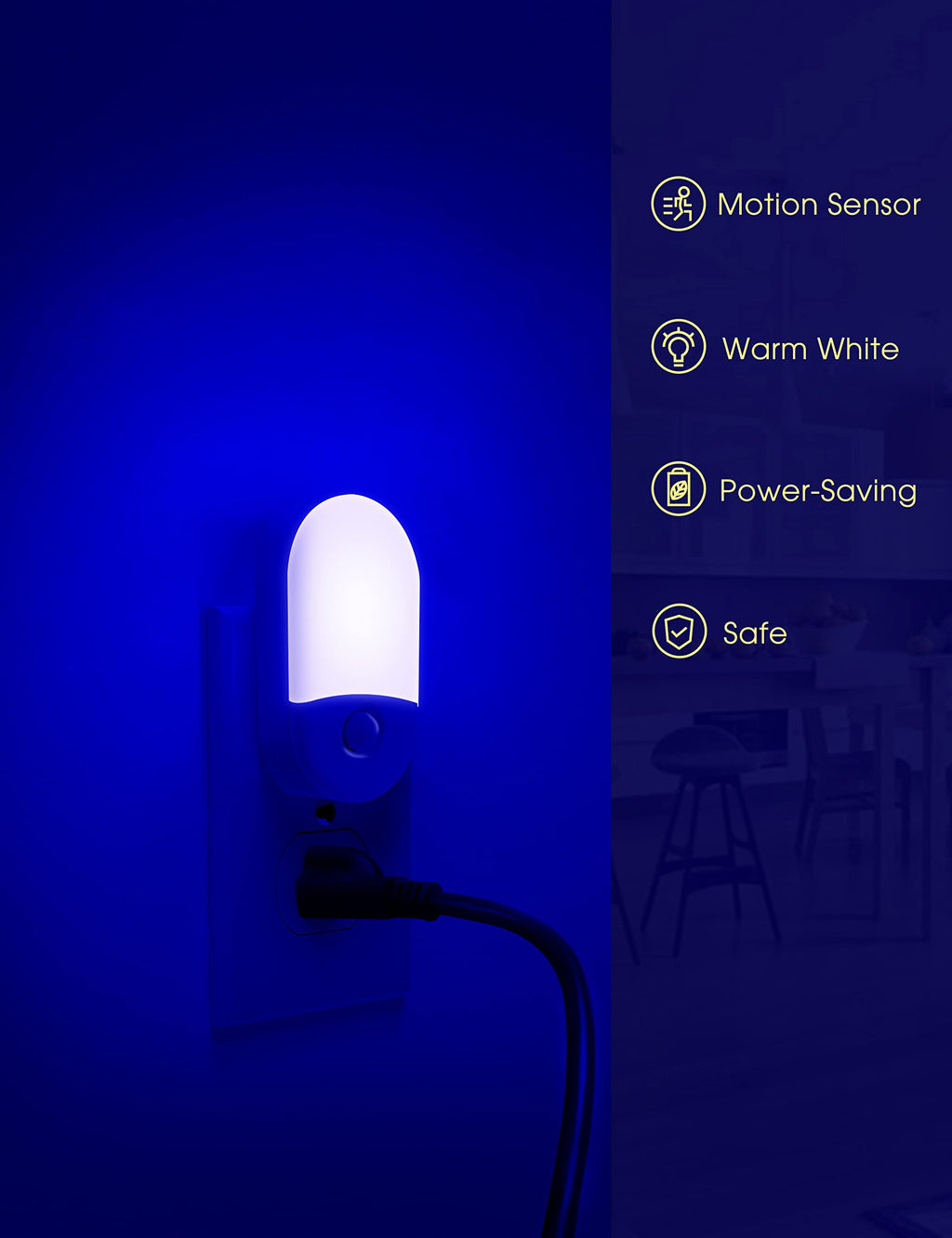 Blue LED night light, plug-in with motion sensor, 2-pack