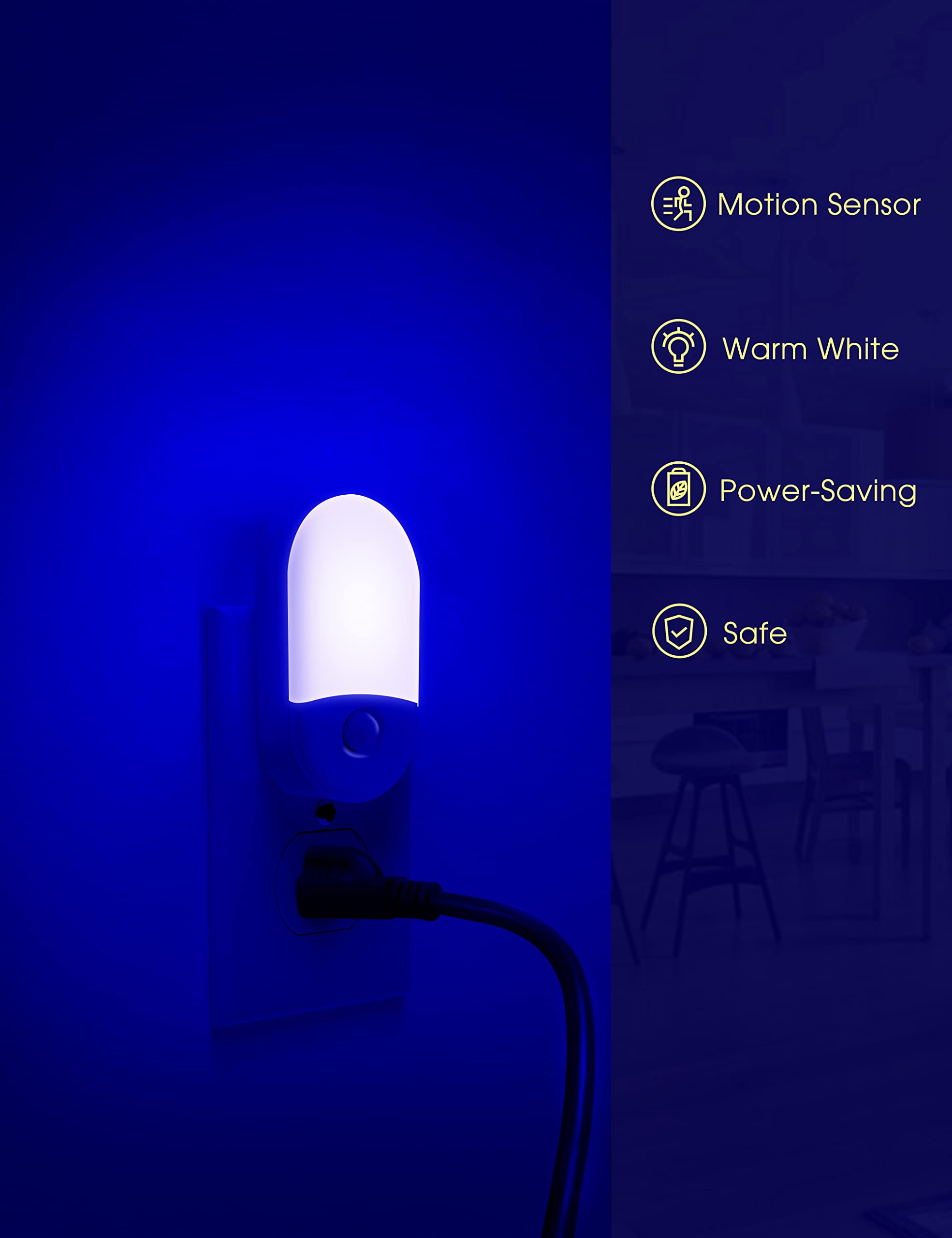 Blue LED night light, plug-in with motion sensor, 2-pack