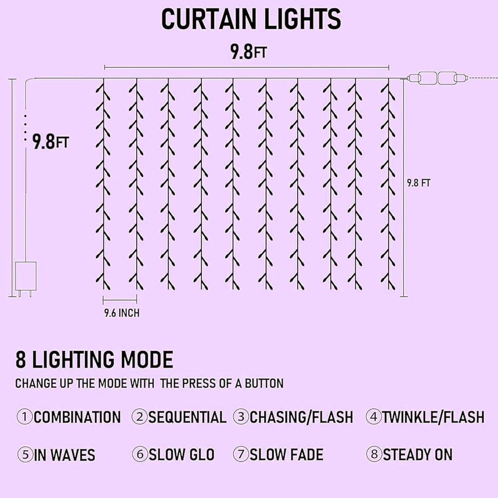 Purple curtain string light, 300 LED, 8 modes, waterproof