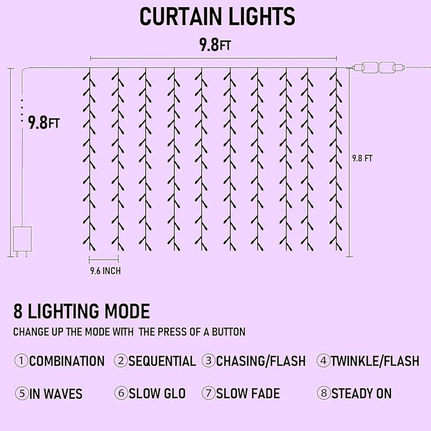 Purple curtain string light, 300 LED, 8 modes, waterproof