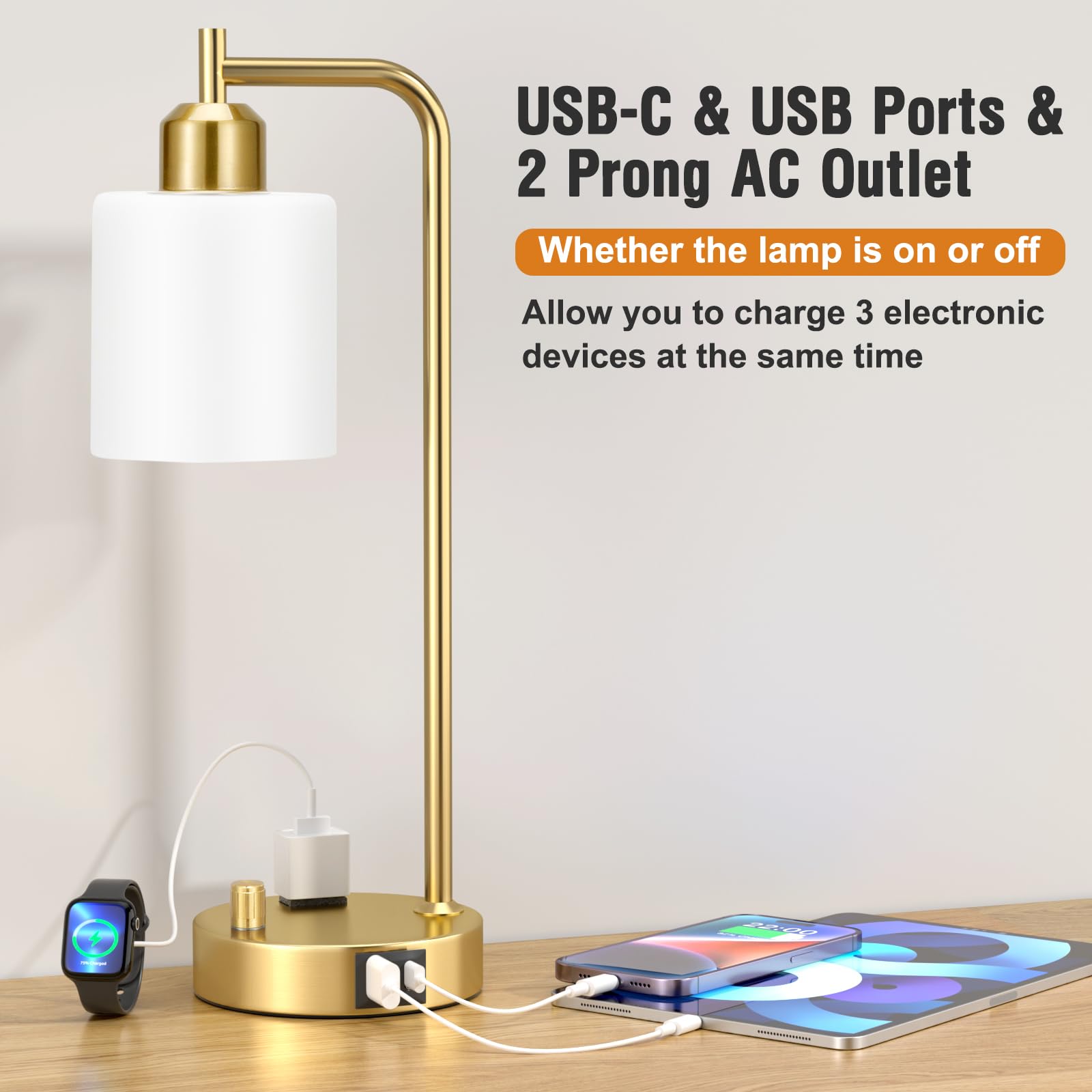 Dimmable industrial table lamp set with USB ports, gold finish, 2-pack