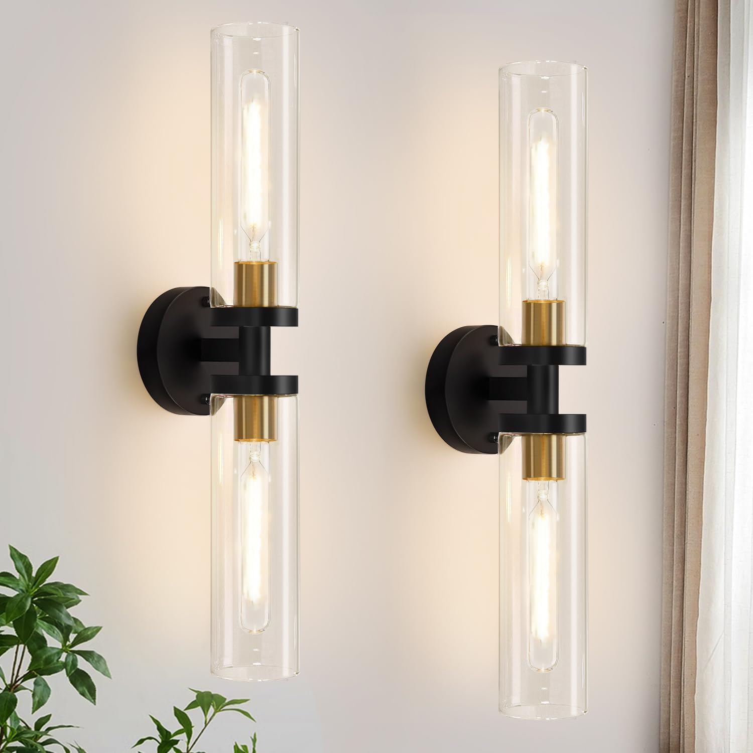Set of 2 black and gold hardwired wall sconces for bathroom mirror decor