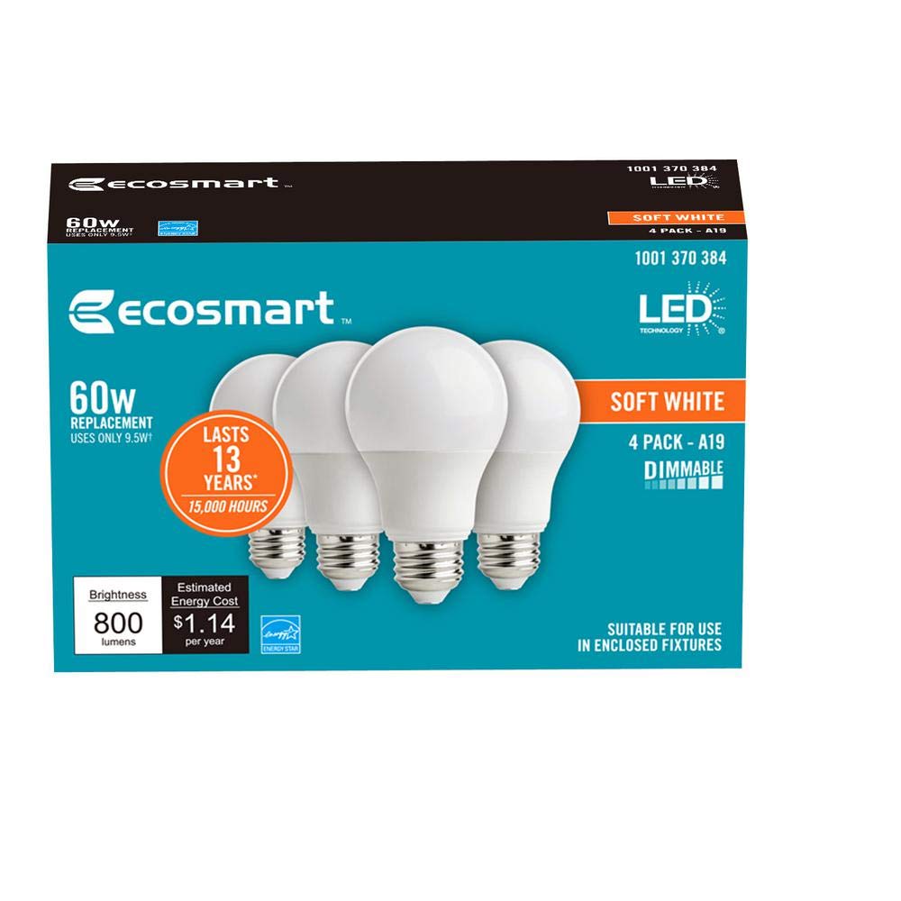 4-Pack A19 LED Light Bulbs Dimmable – 60W Equivalent, Soft White, Energy Star Certified for Home & Office