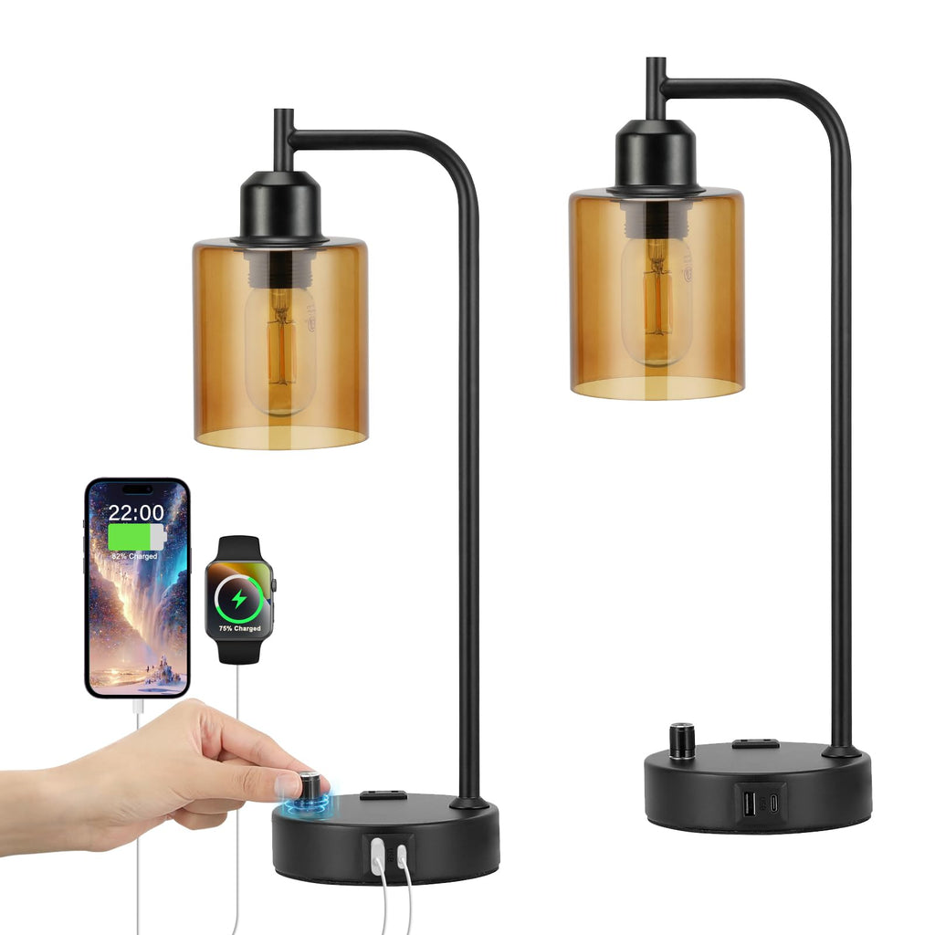 Industrial nightstand lamp set of 2 with amber glass shade