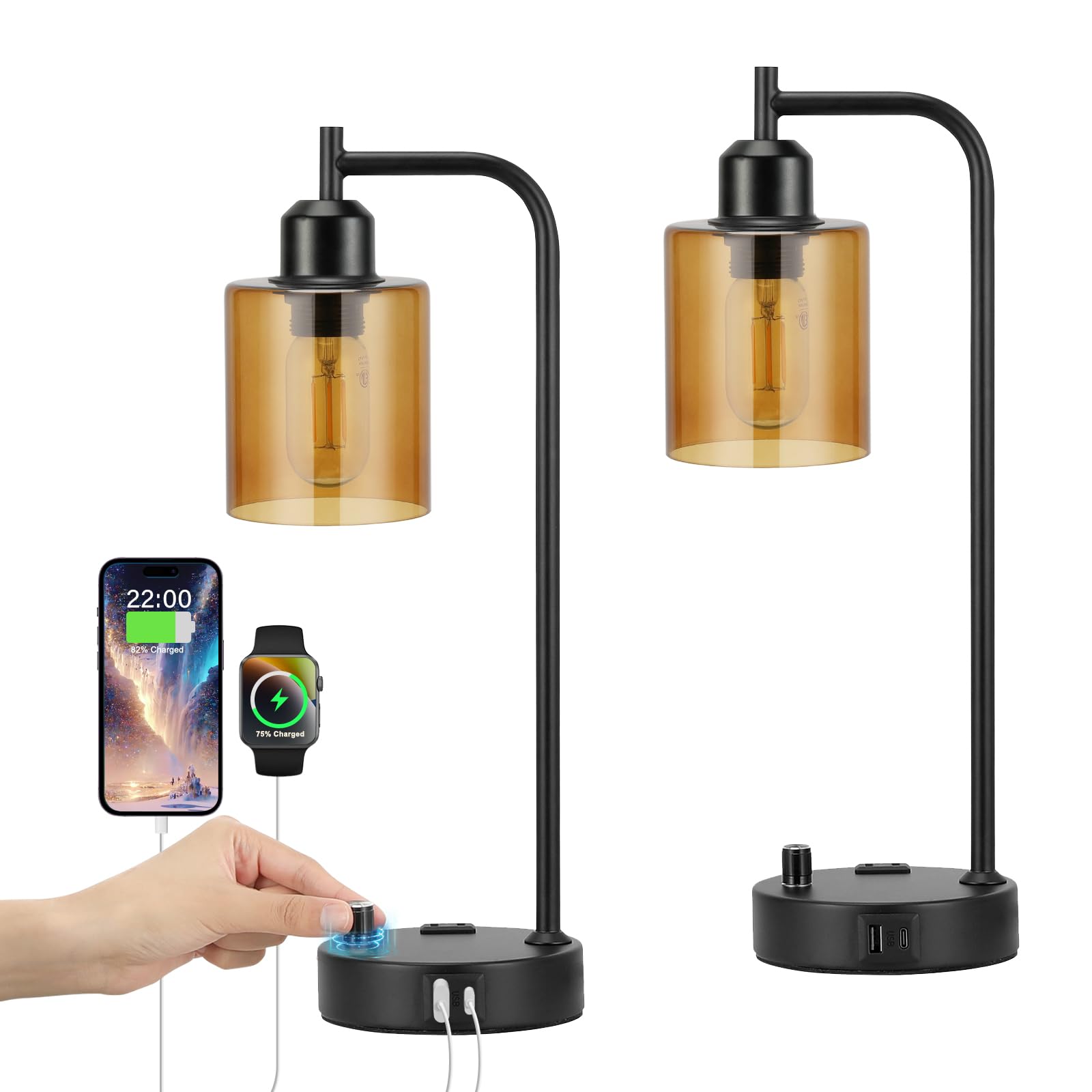 Industrial nightstand lamp set of 2 with amber glass shade