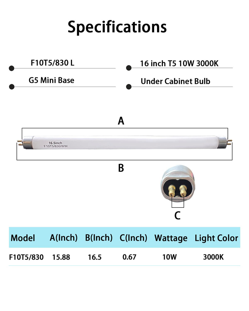 3-Pack F10T5 Fluorescent Light Bulbs 16" – 10W, 3000K Warm White, G5 Bipin Base for Jasco & Philips Linear Fixtures