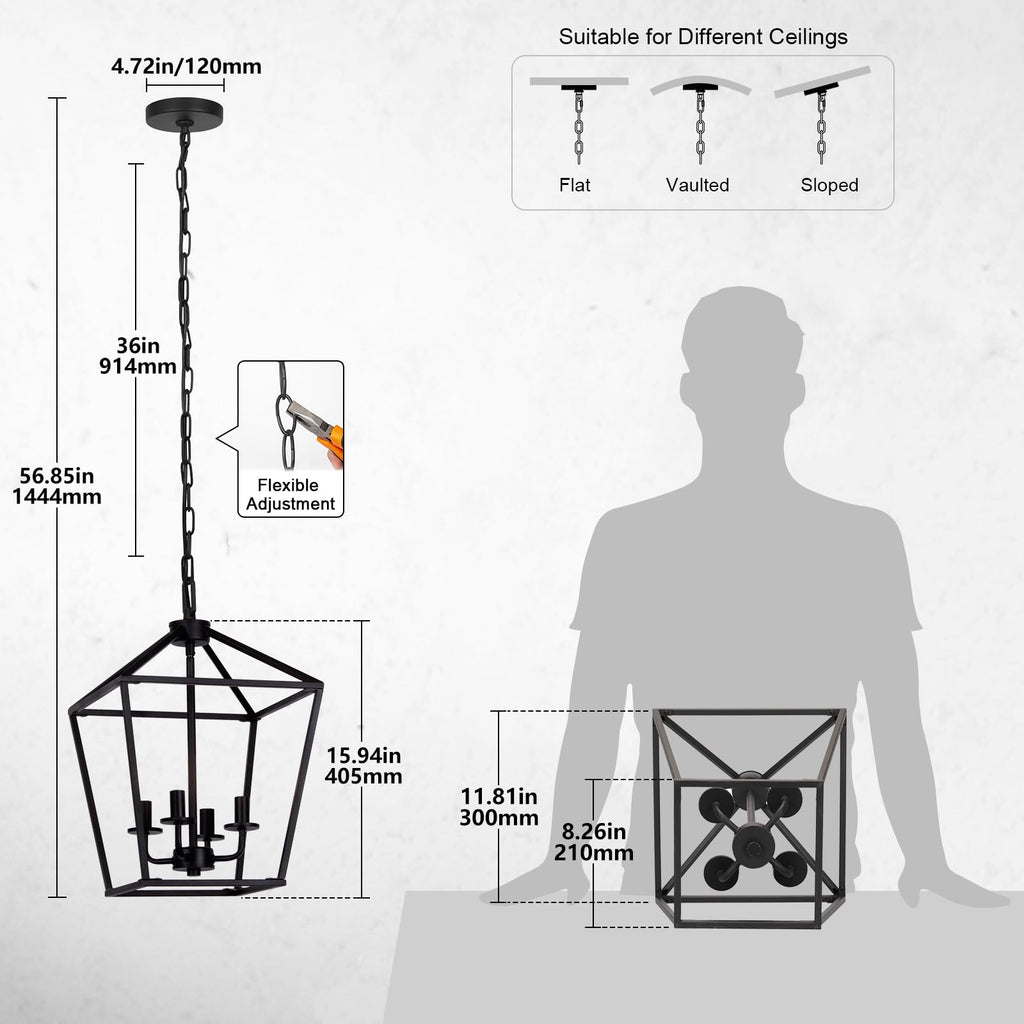 Black 4-Light Cage Lantern Chandelier, Farmhouse Decor for Entryway