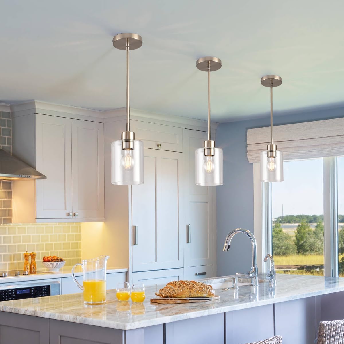 Brushed nickel pendant lights, set of 3, kitchen decor fixture