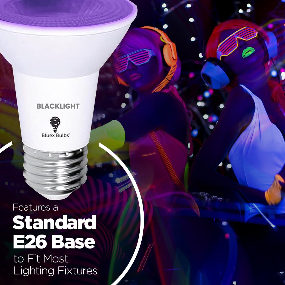 4-Pack PAR20 LED Black Light Bulbs – 10W (100W Equivalent), E26 Base, 385-400nm UV, for Body Paint & Glow Parties