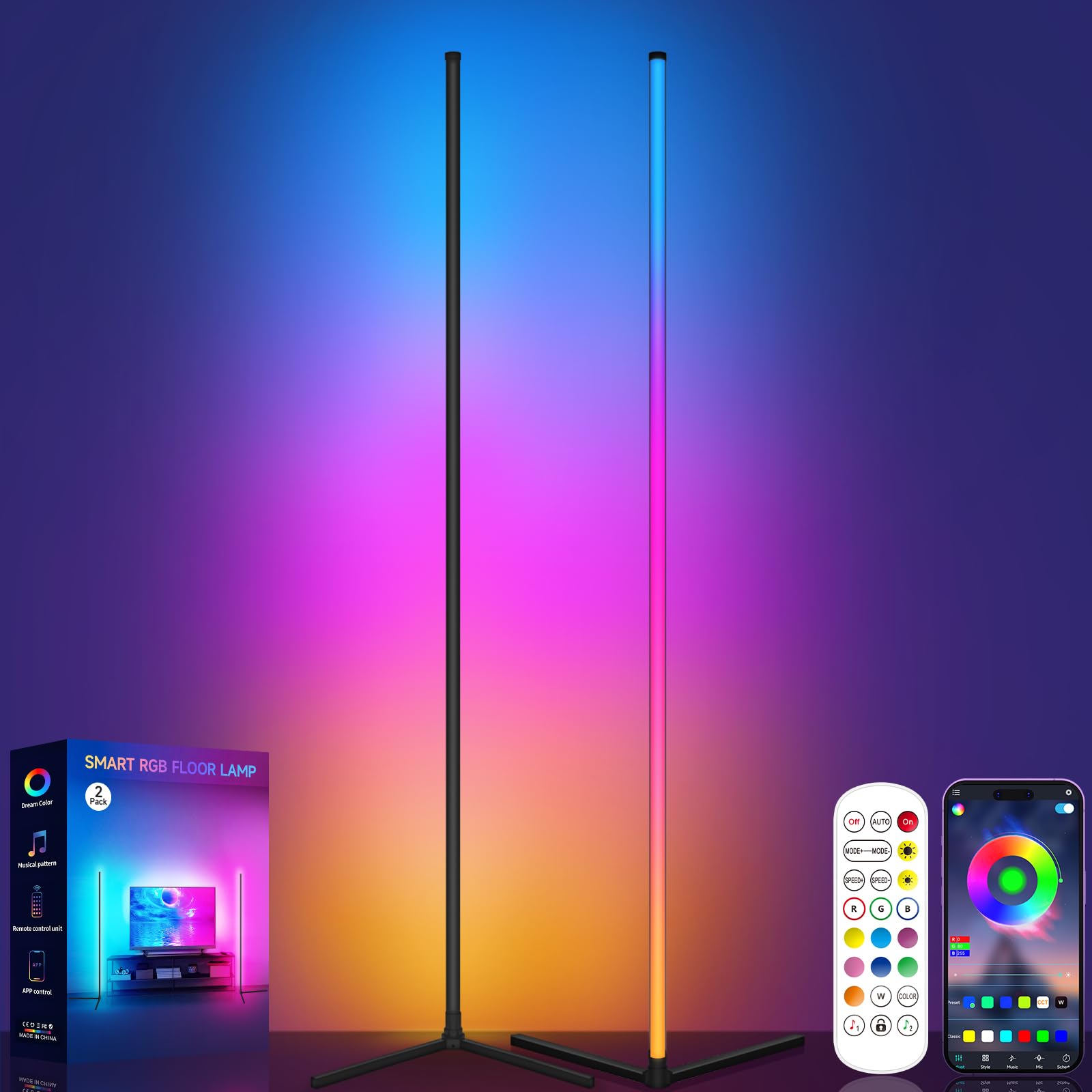 RGB corner floor lamp 2-pack with music sync and 16 million color options