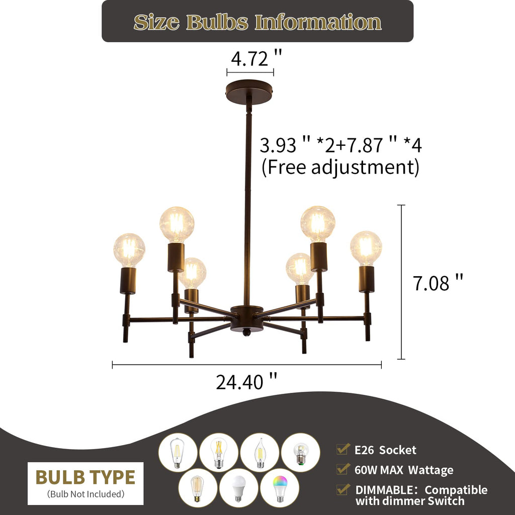 Black 6-Light Sputnik Semi Flush Mount Chandelier for Farmhouse Decor