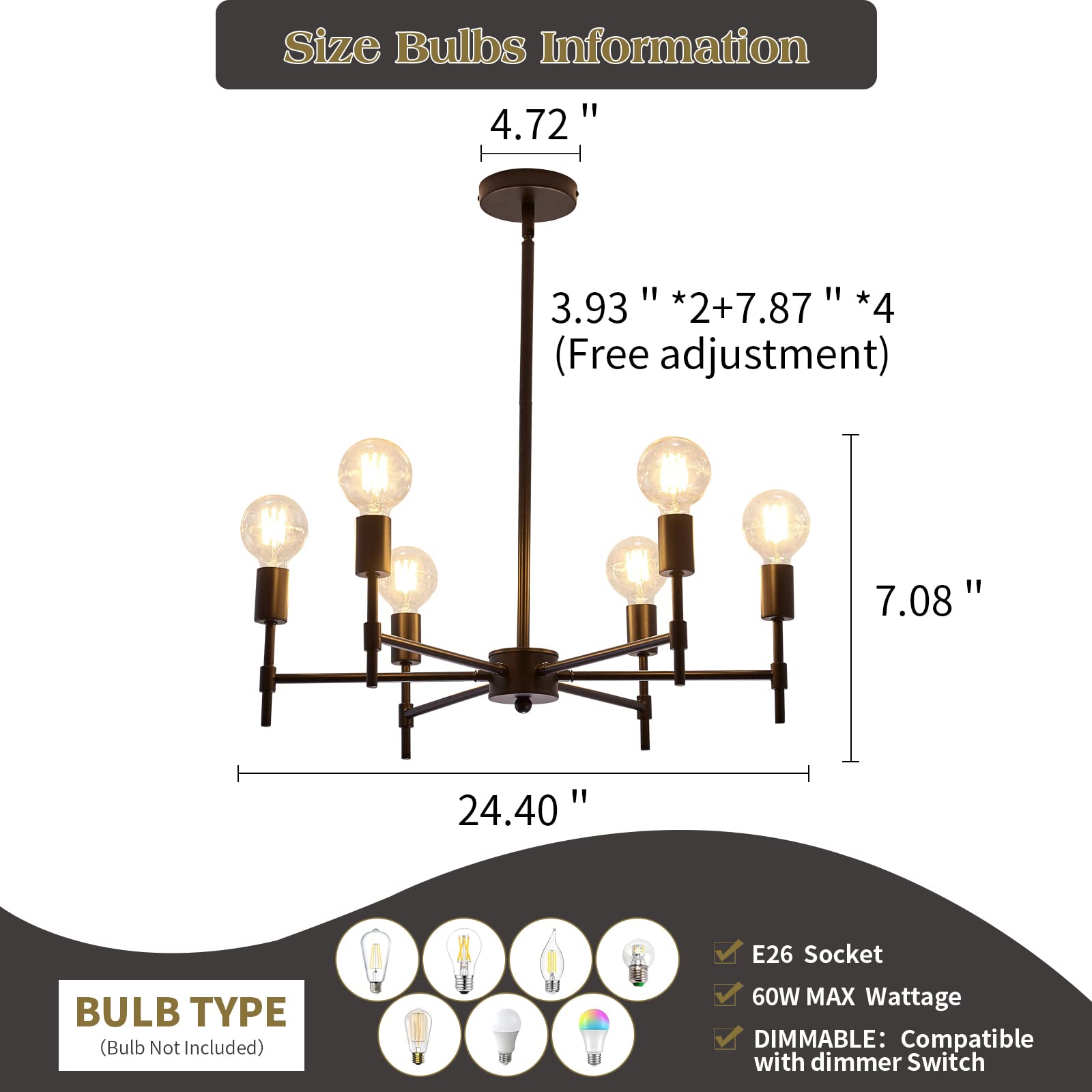 Black 6-Light Sputnik Semi Flush Mount Chandelier for Farmhouse Decor