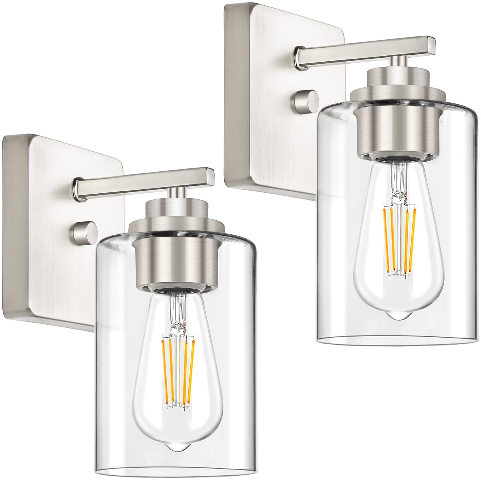 Set of 2 brushed nickel farmhouse wall sconces with glass shade decor