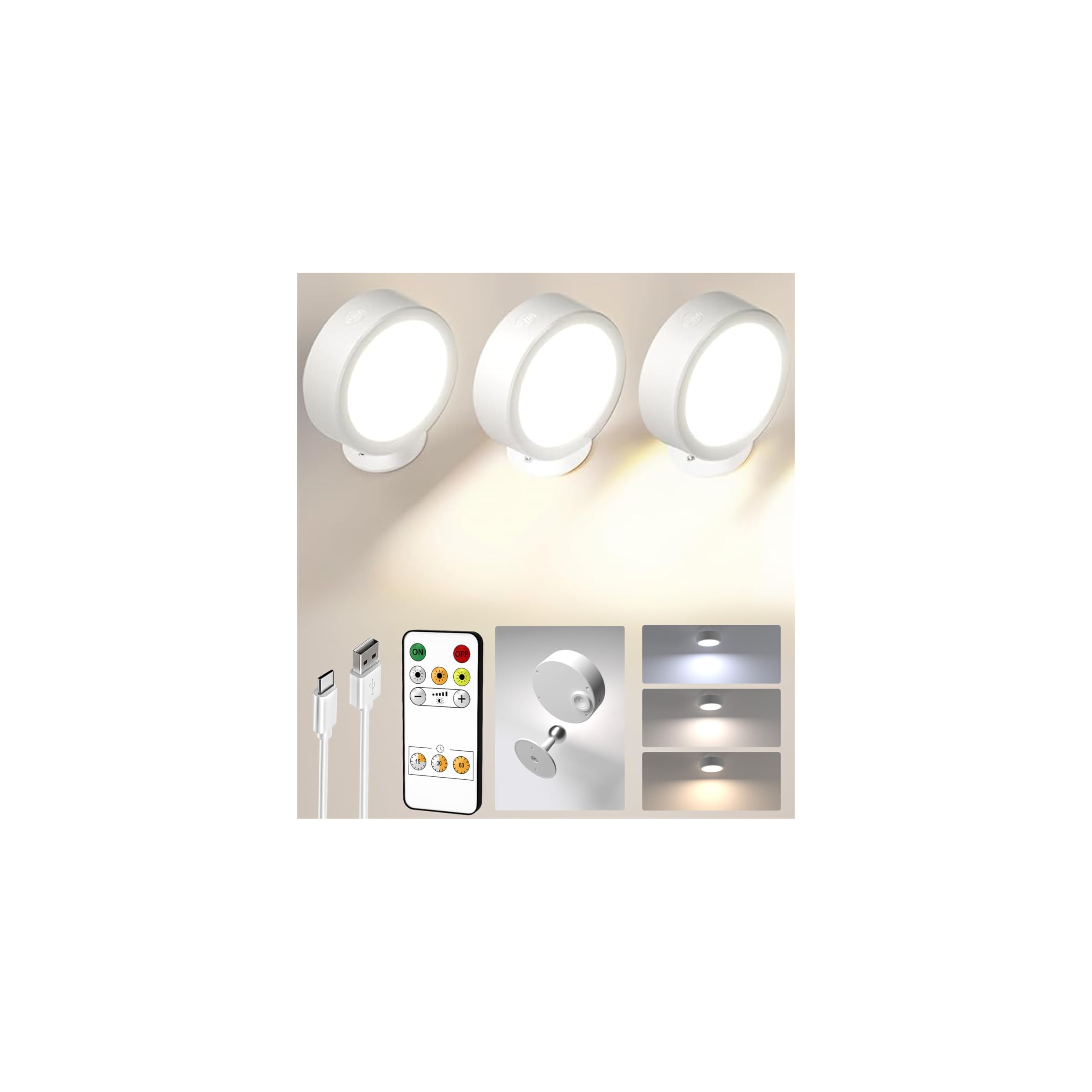 Rechargeable LED wall sconces, set of 3, cordless home decor