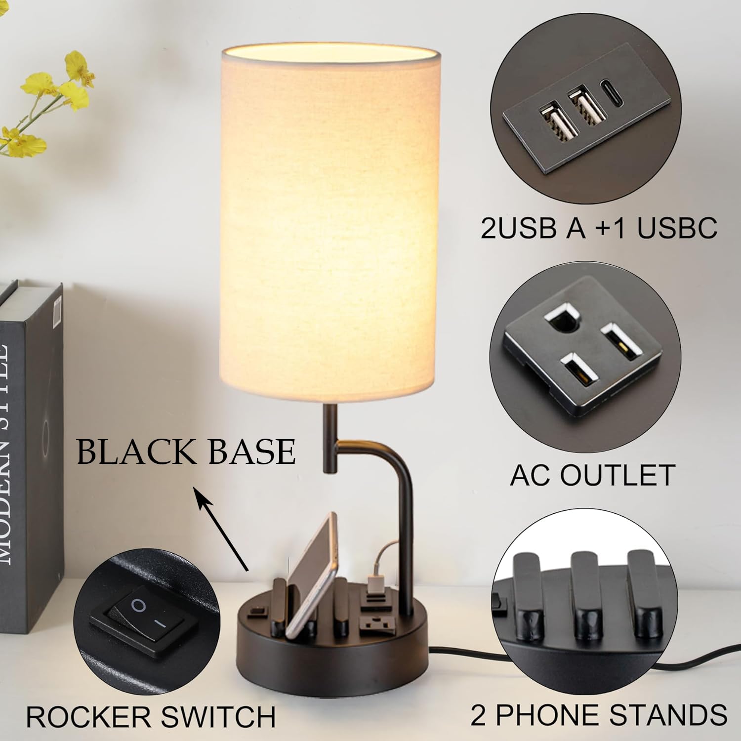 Table lamp set of 2 with 3 USB ports, AC outlet and built-in phone stand