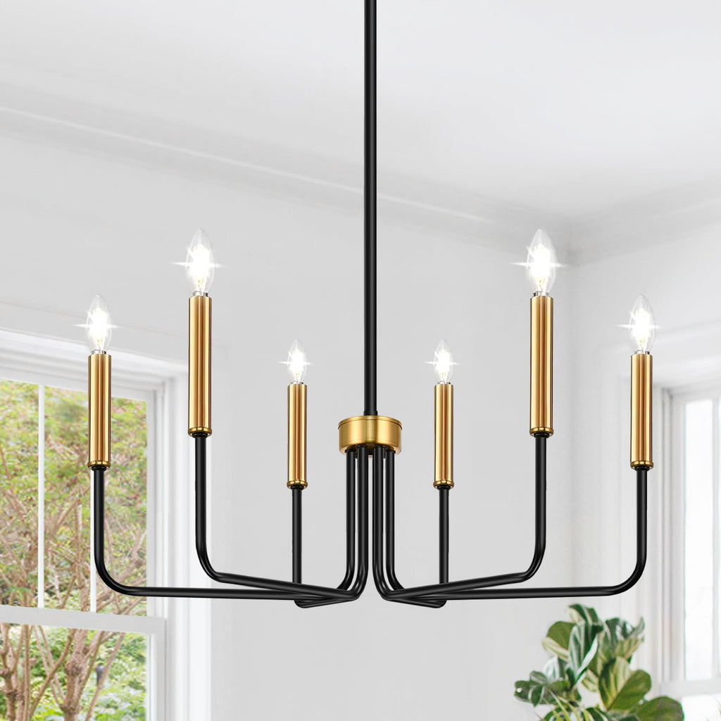 6-light black and gold farmhouse chandelier for dining room decor