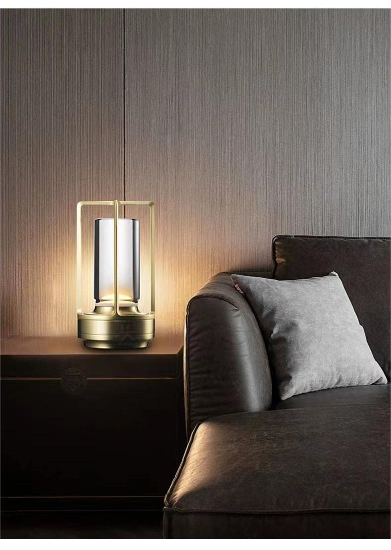 Portable rechargeable metal table lamp for indoor outdoor use, gold