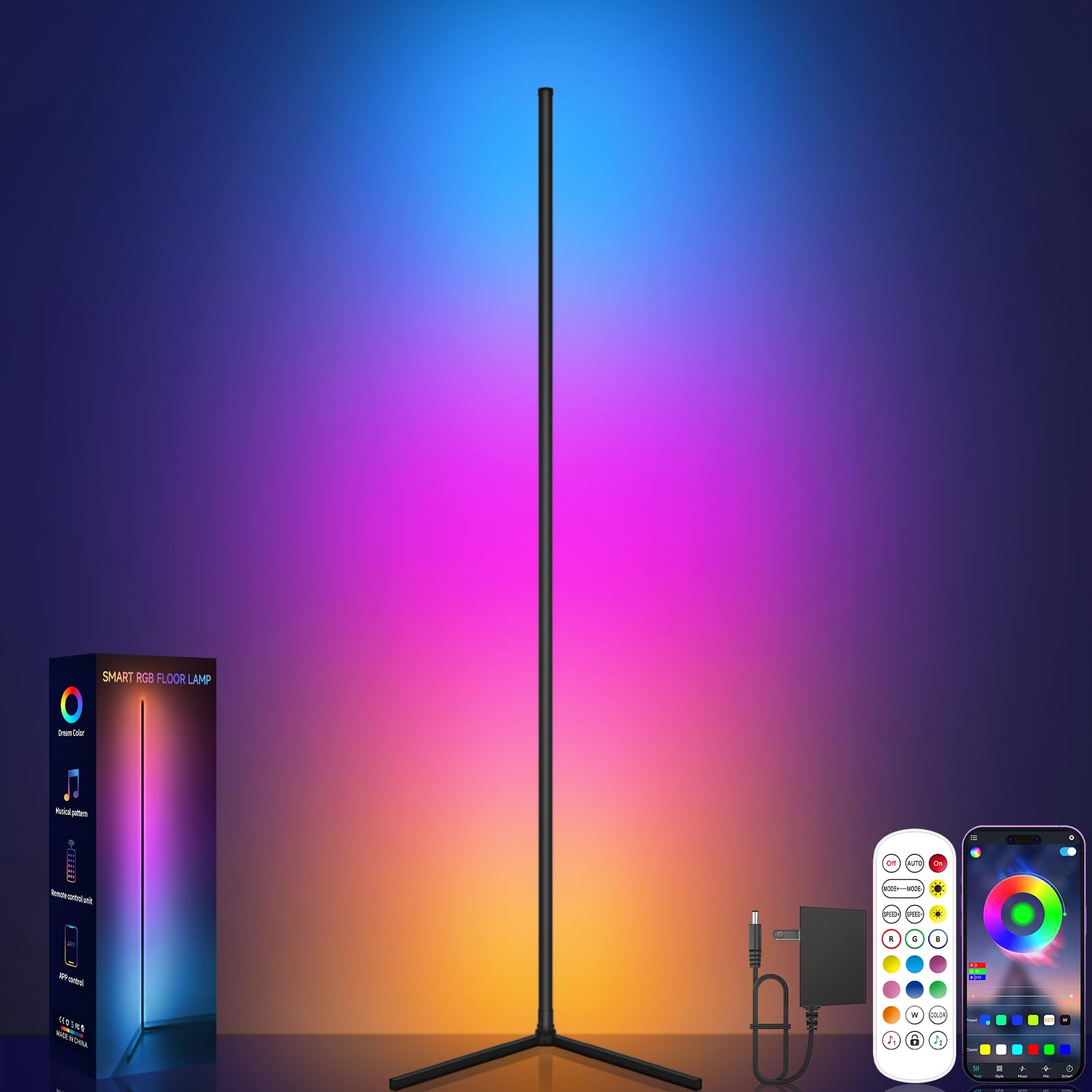 RGB Corner Floor Lamp with Music Sync, App & Remote Control, 16 Million Colors
