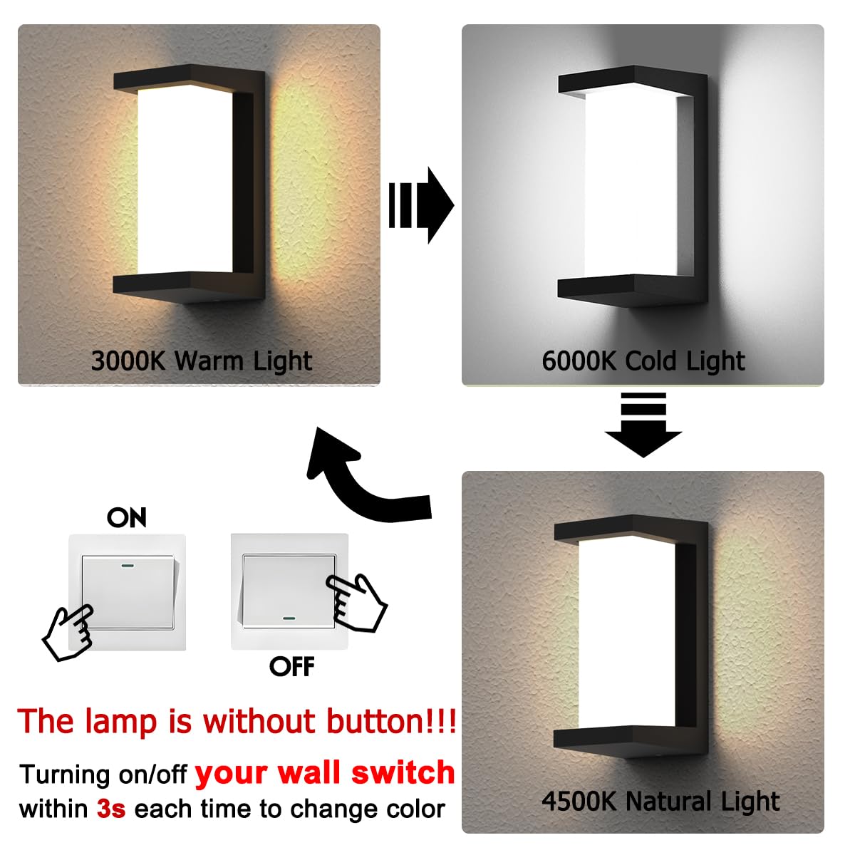 Sytmhoe Modern Outdoor Wall Light – 24W LED, 3 Color Changeable, IP65 Waterproof Matte Black for Porch & Patio
