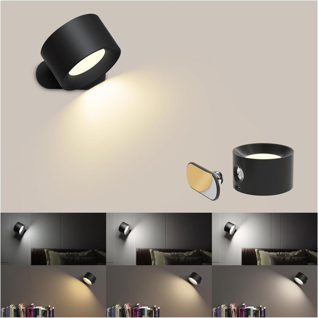 Rechargeable magnetic LED wall sconce with 360-degree rotation for decor