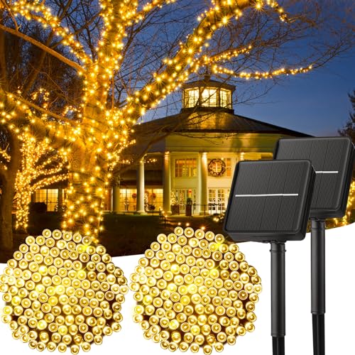 2-pack solar-powered outdoor string lights, 80-ft warm white with 8 modes